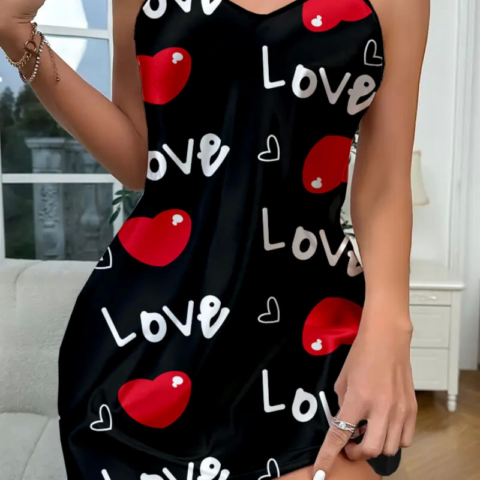 Tegan Love Desenli Siyah Saten Gecelik
