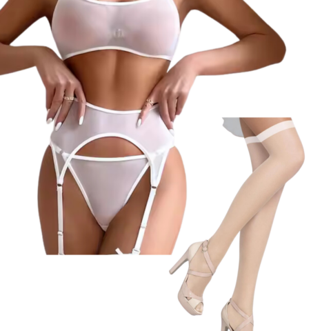 Tegan Fantezi Beyaz Transparan Tül Jartiyer Takımı TG273262