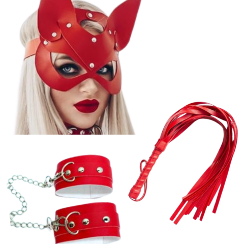 Tegan Fantezi Deri Seksi Kırmızı Kedi Maske Kelepçe Kırbaç Seti ( 3’lü set) TG275367