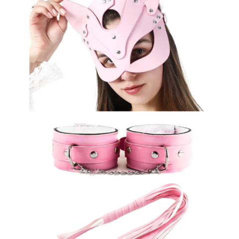 Tegan Fantezi Deri Seksi Pembe Kedi Maske Kelepçe Kırbaç Seti ( 3’lü set) TG275368