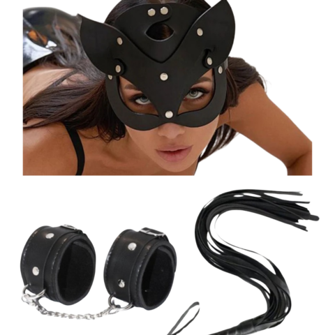 Tegan Fantezi Deri Seksi Siyah Kedi Maske Kelepçe Kırbaç Seti ( 3’lü set) TG275369