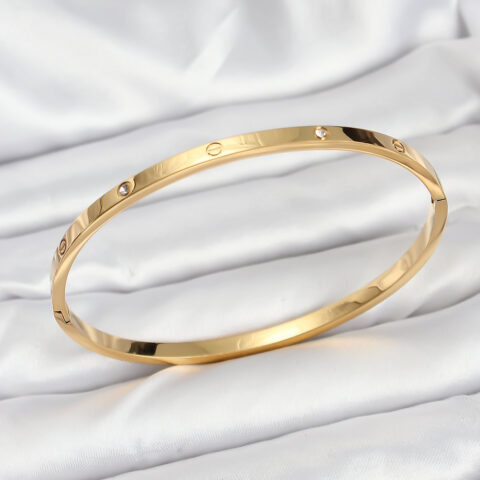 Tegan 316L Çelik Gold Renk Zirkon Taşlı 65 mm İnce Kadın Kelepçe Bileklik TG27BB7914