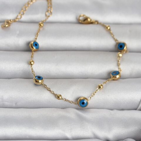 Tegan 316L Çelik Gold Renk Top Zincirli Nazarlı Kadın Bileklik TG27BB8388