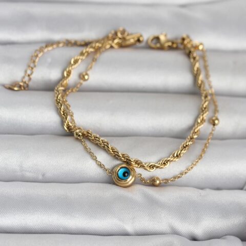 Tegan 316L Çelik Gold Renk Burgu Zincir ve Nazarlı Kadın Bileklik TG27BB8389