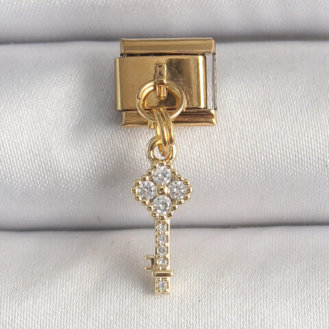 Tegan 316L Çelik Gold Renk Sallantı Zirkon Taşlı Anahtar Model Nomination Charm TG27BC1347