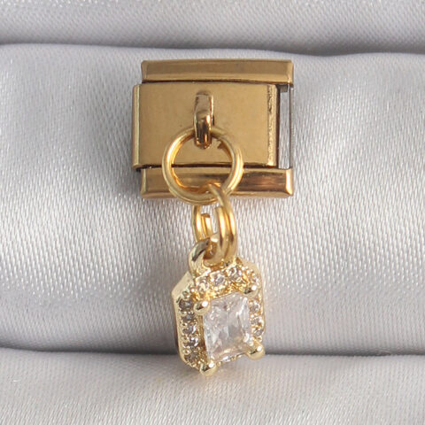 Tegan 316L Çelik Gold Renk Sallantı Zirkon Taşlı Kare Model Nomination Charm TG27BC1348