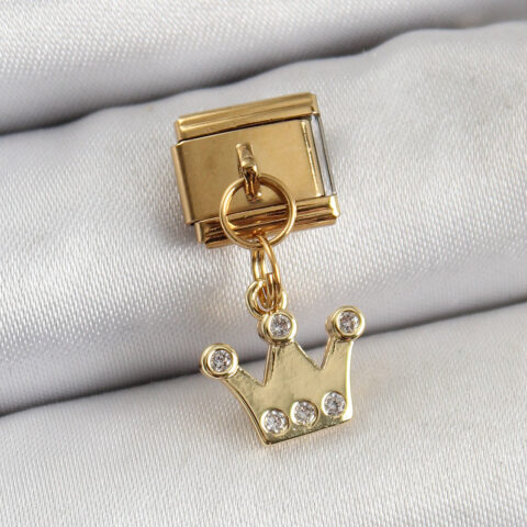 Tegan 316L Çelik Sallantılı Zirkon Taşlı Kraliçe Tacı Model Gold Renk Nomination Charm TG27BC1397