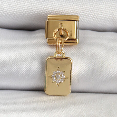Tegan 316L Çelik Sallantılı Zirkon Taşlı Kutup Yıldızı Figürlü Dikdörtgen Model Gold Renk Nomination Charm TG27BC1406
