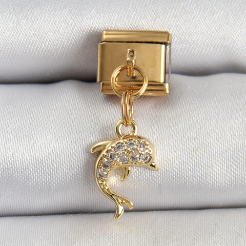 Tegan 316L Çelik Sallantılı Zirkon Taşlı Yunus Balığı Model Gold Renk Nomination Charm TG27BC1407