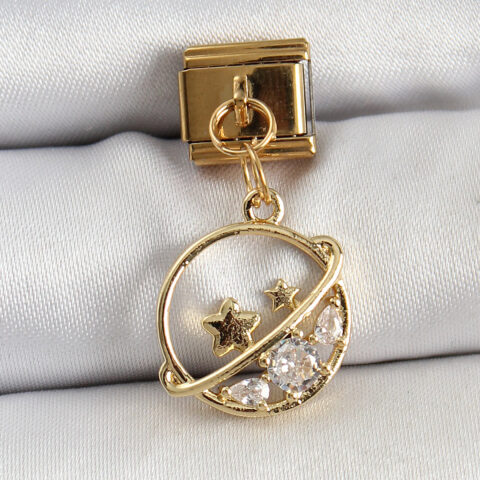 Tegan 316L Çelik Sallantılı Zirkon Taşlı Satürn Model Gold Renk Nomination Charm TG27BC1418