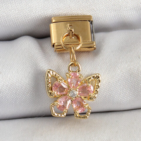 Tegan 316L Çelik Sallantılı Zirkon Taşlı Çiçek Figürlü Kelebek Model Gold Renk Nomination Charm TG27BC1419