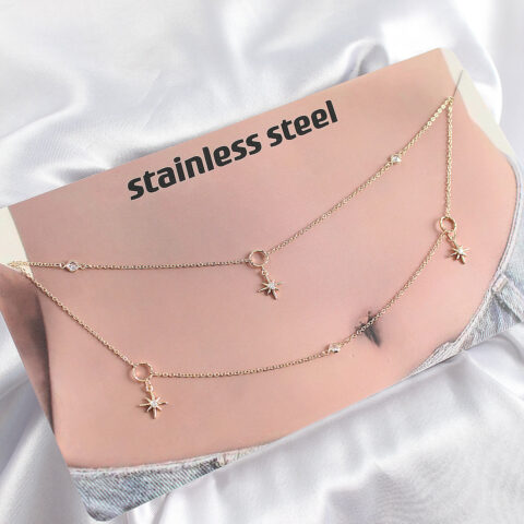 Tegan 316L Çelik Zirkon Taşlı Kutup Yıldızı Model Gold Renk Göbek Bel Zinciri TG27BKGZ10344