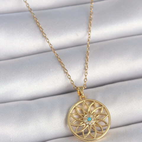 Tegan 316L Çelik Gold Renk Zincr Mavi Taşlı Lotus Model Kadın Kolye TG27BKO10061