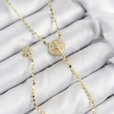 Tegan Pirinç Zirkon Taşlı Ezme Zincirli Madalyon Model Gold Renk Y Kolye TG27BKO10471