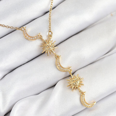 Tegan 316L Çelik Zirkon Taşlı Güneş Ve Ay Model Gold Renk Kadın Kolye TG27BKO10548
