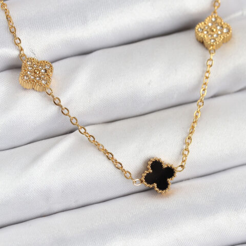 Tegan 316L Çelik Zincir Gold Renk Siyah ve Zirkon Taşlı Baby Boy Yonca Kadın Kolye TG27BKO10592