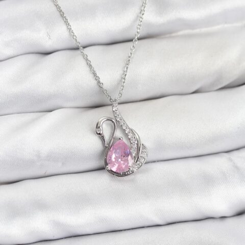 Tegan 316L Çelik Zincir Gümüş Renk Pembe Kuğu Model Zirkon Taşlı Kadın Kolye TG27BKO10866