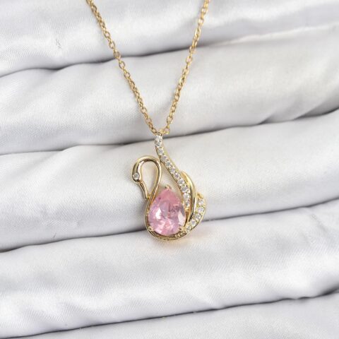 Tegan 316L Çelik Zincir Gold Renk Pembe Kuğu Model Zirkon Taşlı Kadın Kolye TG27BKO10867