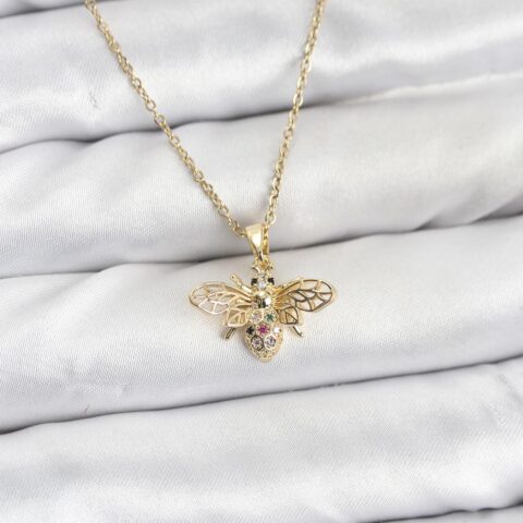 Tegan 316L Çelik Zincir Gold Renk Sinek Model Zirkon Taşlı Kadın Kolye TG27BKO10875