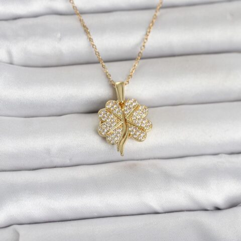 Tegan 316L Çelik Gold Renk Açılabilir Yonca Model Zirkon Taşlı Kadın Kolye TG27BKO11048