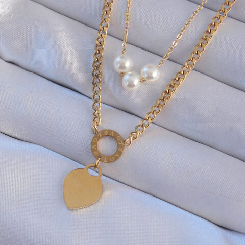 Tegan 316L Çelik Gold Renk Çift Zincir İnci Detayı Love Kalp Kolye TG27BKO8939