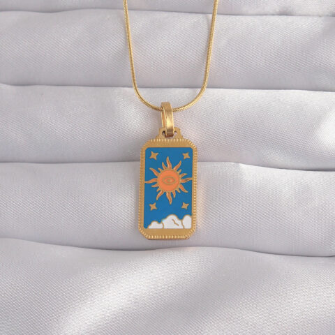 Tegan 316L Çelik Gold Renk Mavi Mineli Güneş Model Tarot Kolye TG27BKO9026
