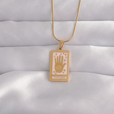 Tegan 316L Çelik Gold Renk Pembe Mineli El Figür Tarot Kolye TG27BKO9031