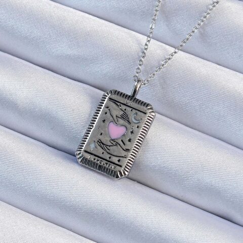 Tegan 316L Çelik Zincir Eskitme Gümüş Renk Pembe Mineli Kalp Figürlü Tarot Kolye TG27BKO9232