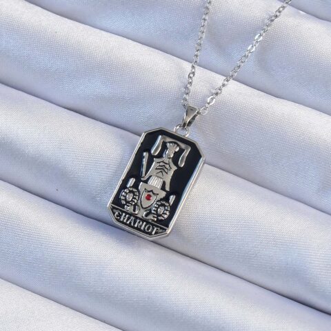 Tegan 316L Çelik Zincir Gümüş Renk Siyah Mineli Tarot Kolye TG27BKO9246