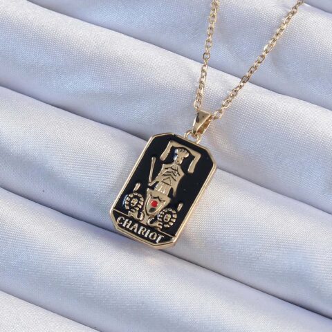 Tegan 316L Çelik Zincir Gold Renk Siyah Mineli Tarot Kolye TG27BKO9247