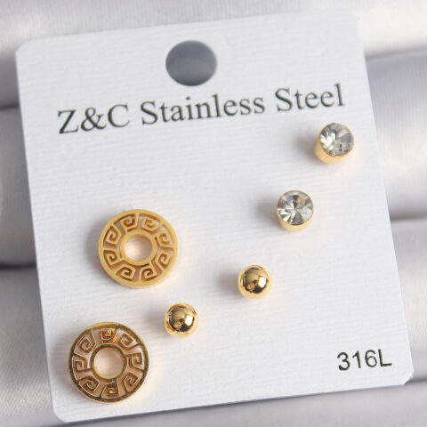 Tegan 316L Çelik Gold Renk Zirkon Taşı Labirent Model Kadın Küpe Seti TG27BKP10011
