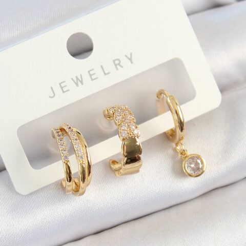 Tegan Pirinç Zirkon Taşlı Halka Model Gold Renk 3’lü Çift Kadın Küpe Set TG27BKP10826