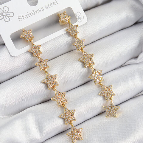 Tegan Pirinç Zirkon Taşlı Sallantılı Yıldız Model Gold Renk Kadın Küpe TG27BKP10912