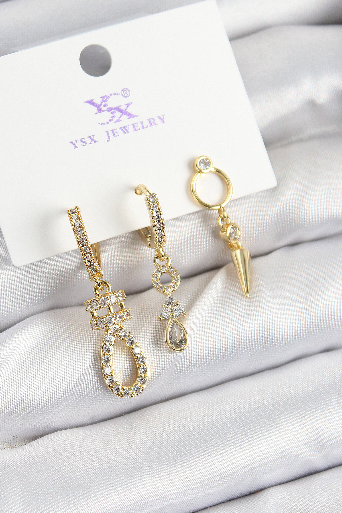 Tegan Pirinç Zİrkon Taşlı Sallantılı Model Gold Renk 3’lü Kadın Küpe TG27BKP10939