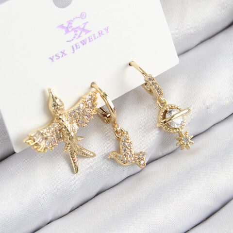 Tegan Pirinç Zirkon Taşlı 3’lü Kuş Model Gold Renk Kadın Küpe TG27BKP11133