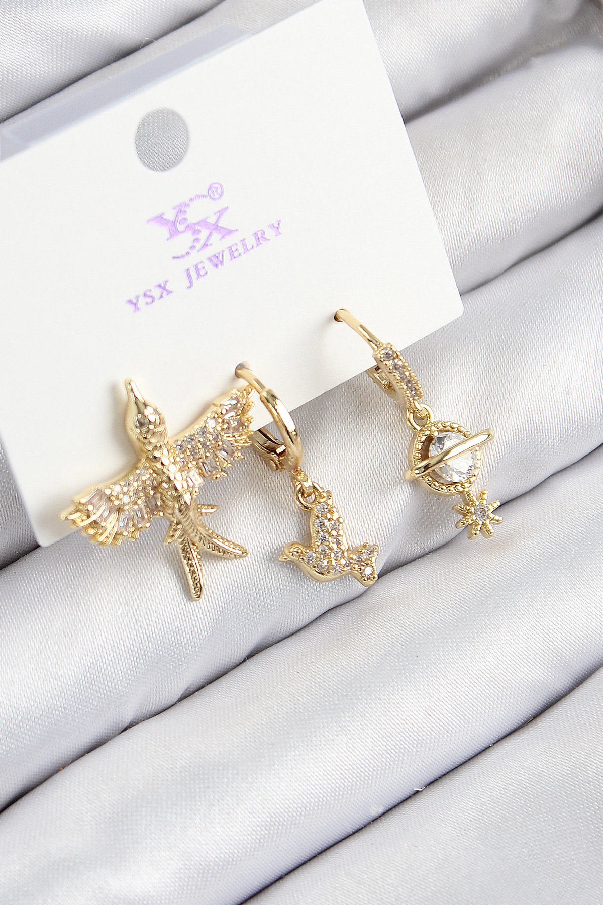 Tegan Pirinç Zirkon Taşlı 3’lü Kuş Model Gold Renk Kadın Küpe TG27BKP11133