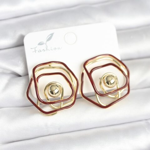 Tegan Pirinç Gold Renk Bordo Mineli Geometrik Gül Model Kadın Küpe TG27BKP11374
