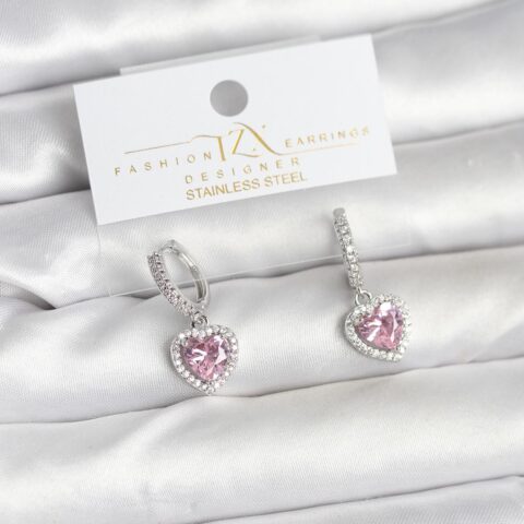 Tegan Pirinç Gümüş Pembe Renk Zirkon Taşlı Kalp Model Kadın Küpe TG27BKP11395