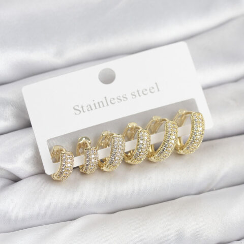 Tegan 316L Çelik Gold Renk Zirkon Taşlı Halka Küpe Seti TG27BKP11526