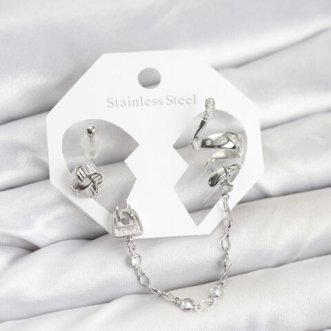 Tegan Pirinç Gümüş Renk Yılan Model Zincir Bağlantılı Ear Cuff Küpe Seti TG27BKP11533