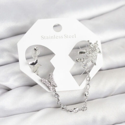 Tegan Pirinç Gümüş Renk Kelebek Model Zincir Bağlantılı Ear Cuff Küpe Seti TG27BKP11535