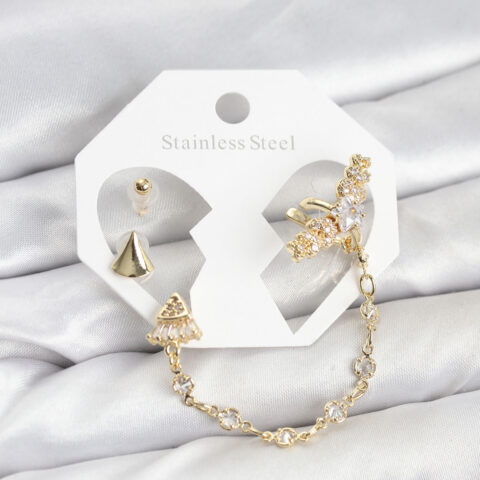 Tegan Pirinç Gold Renk Yıldızlı Model Zincir Bağlantılı Ear Cuff Küpe Seti TG27BKP11540