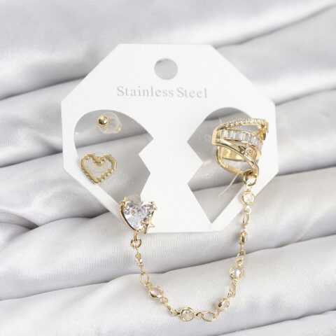 Tegan Pirinç Gold Renk Kalp Model Zincir Bağlantılı Ear Cuff Küpe Seti TG27BKP11541
