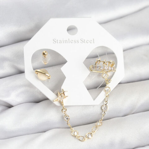 Tegan Pirinç Gold Renk Uzay Model Zincir Bağlantılı Ear Cuff Küpe Seti TG27BKP11542