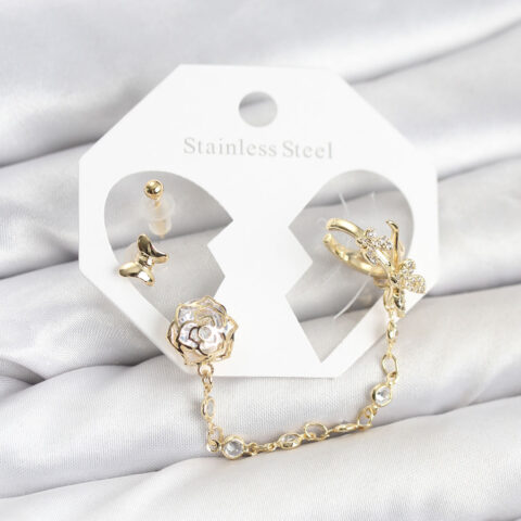 Tegan Pirinç Gold Renk Kelebekli Model Zincir Bağlantılı Ear Cuff Küpe Seti TG27BKP11543