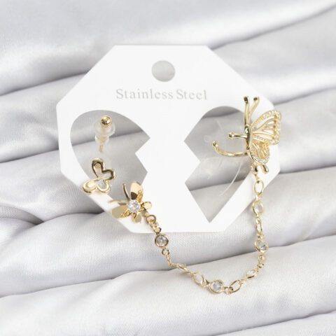 Tegan Kelebekli Model Pirinç Gold Renk Zincir Bağlantılı Ear Cuff Küpe Seti TG27BKP11544