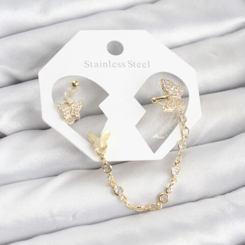 Tegan Kelebek Model Pirinç Gold Renk Zincir Bağlantılı Ear Cuff Küpe Seti TG27BKP11548