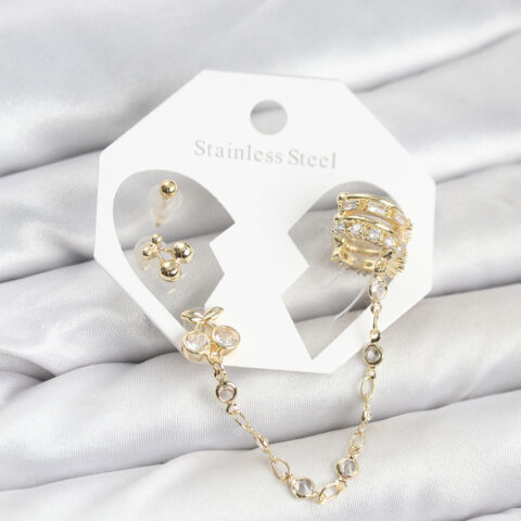 Tegan Kiraz Model Pirinç Gold Renk Zincir Bağlantılı Ear Cuff Küpe Seti TG27BKP11549