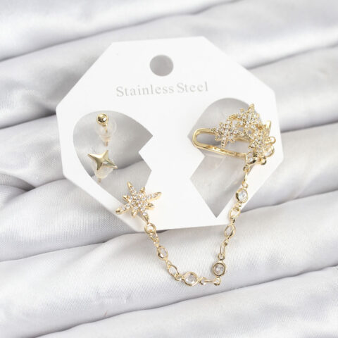 Tegan Kutup Yıldızı Model Pirinç Gold Renk Zincir Bağlantılı Ear Cuff Küpe Seti TG27BKP11550