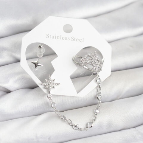 Tegan Kutup Yıldızı Model Pirinç Gümüş Renk Zincir Bağlantılı Ear Cuff Küpe Seti TG27BKP11551